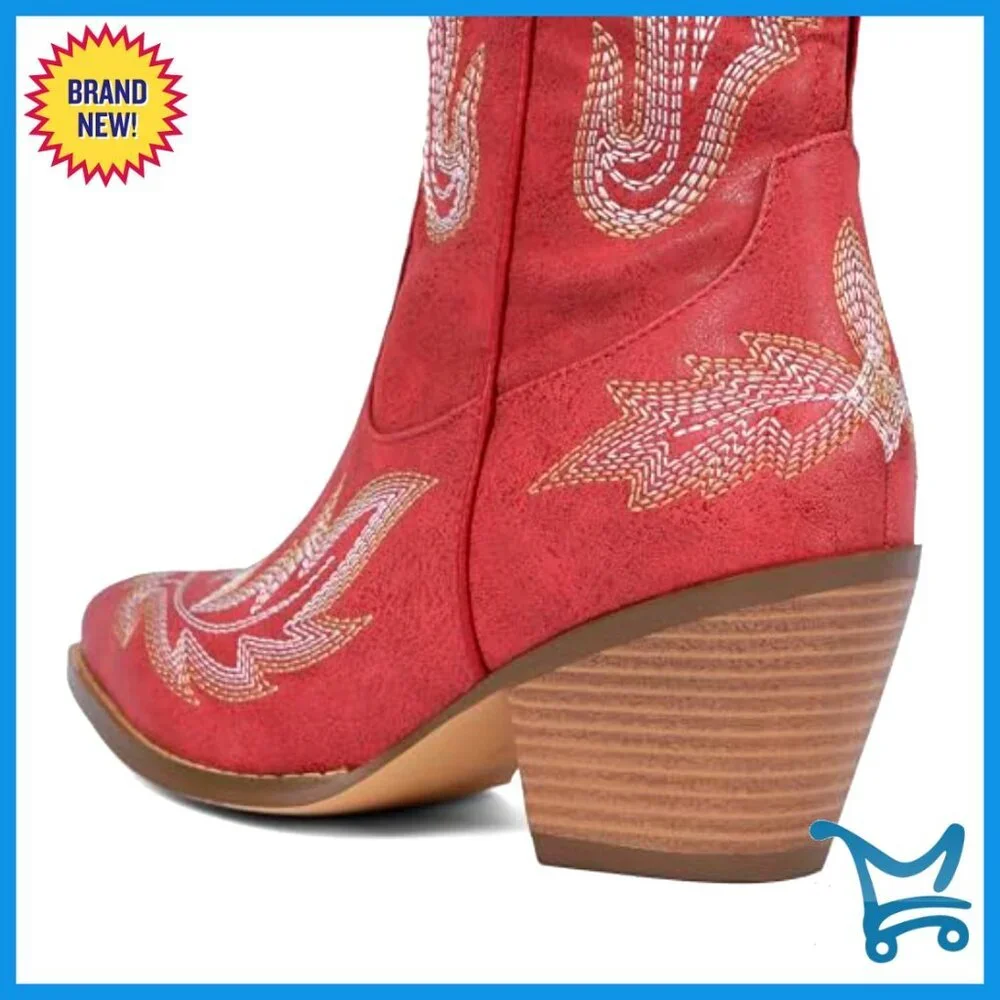 Thigh High Cowboy Boots Pointed Toe Chunky Heel Side Zip Western